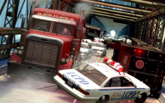 Grand Theft Auto IV screenshot: A red truck is pursued by LCPD police cars on a bridge, causing chaos and traffic congestion.