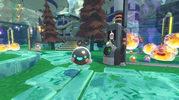 Screenshot from Slime Rancher showing a smiling slime near a machine, surrounded by glowing objects in a vibrant environment.