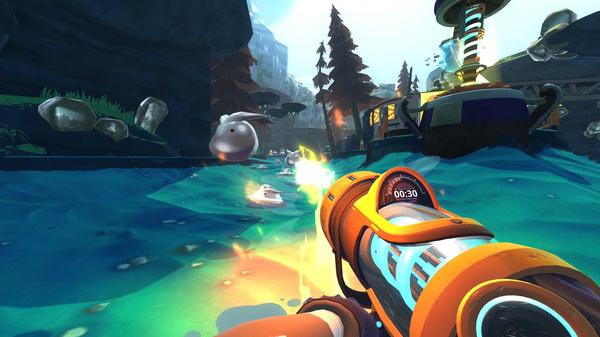 Screenshot of Slime Rancher showing a player using a vacuum tool to capture slimes in a vibrant, colorful environment.
