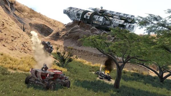 Space Engineers screenshot: A spaceship hovers over rocky terrain as two rovers drive below under a clear sky with scattered trees.