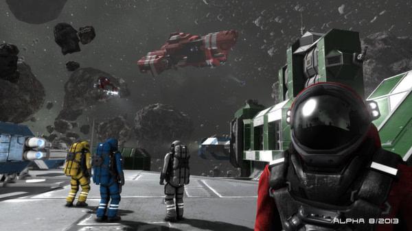 Space Engineers screenshot: Four astronauts in colorful suits stand on a platform, observing ships and asteroids in space.