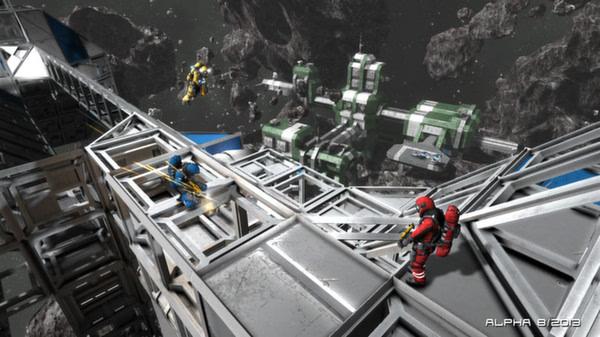 Space Engineers screenshot showing players in colorful suits building structures in space near an asteroid and green station.