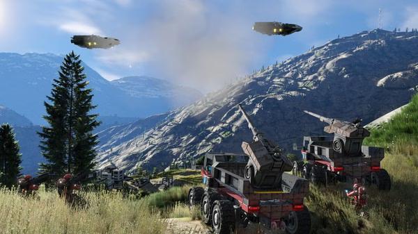 Screenshot from Space Engineers showing two armed rovers on grassy terrain with mountains in the background and two ships flying above.
