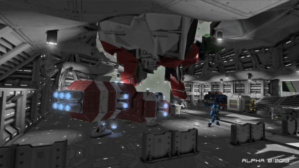 Screenshot from Space Engineers showing a character in a space station hangar, with a red and white spaceship docked nearby.