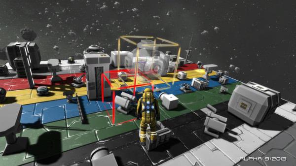 A Space Engineers screenshot showing a player in a spacesuit on a colorful platform surrounded by machinery in outer space.