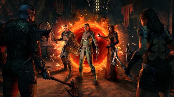 A screenshot from The Elder Scrolls Online showing five characters in armor and weapons standing near a fiery portal in a dark dungeon.
