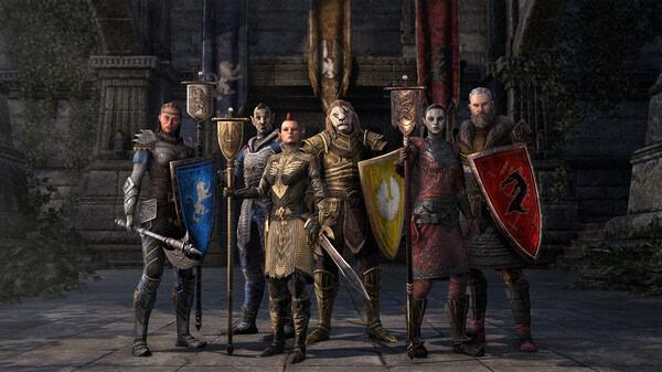 A screenshot from The Elder Scrolls Online showing six armored characters holding banners with faction emblems in a stone courtyard.