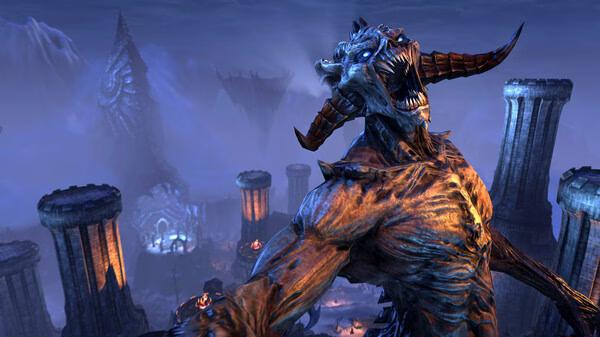 A towering beast roars among ancient ruins in this The Elder Scrolls Online screenshot, showcasing a dark, mystical landscape.