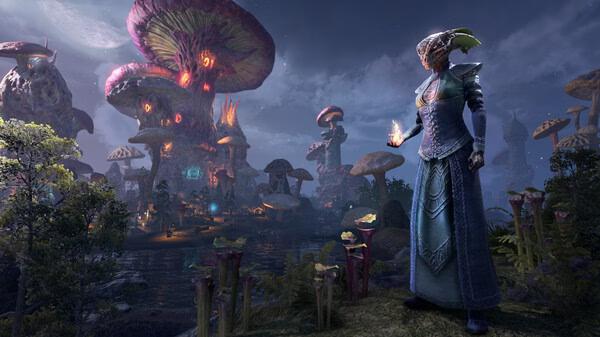 Screenshot from The Elder Scrolls Online showing a character holding a glowing orb in a mystical forest with giant mushrooms.