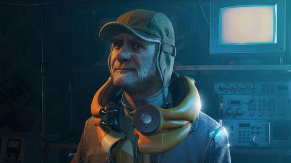 Half-Life: Alyx screenshot showing a character in a green hooded outfit with a yellow collar, standing near electronic equipment and a monitor.