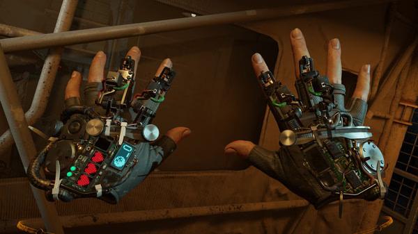 Screenshot from Half-Life: Alyx showing detailed mechanical gloves with digital displays and wiring, set against an industrial backdrop.