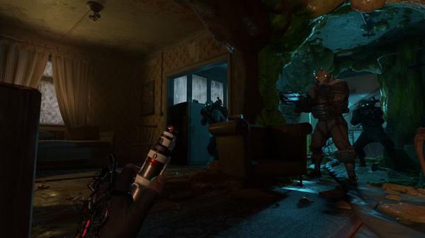Half-Life: Alyx screenshot showing a player-held syringe and armed enemies in a decayed room with glowing, alien-infested walls.