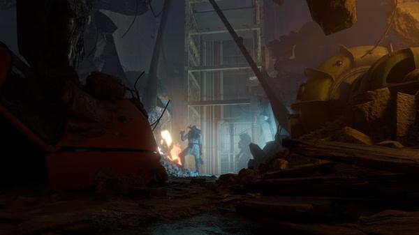 A 'Half-Life: Alyx' screenshot showing a dimly lit, debris-filled environment with a person holding a glowing object.