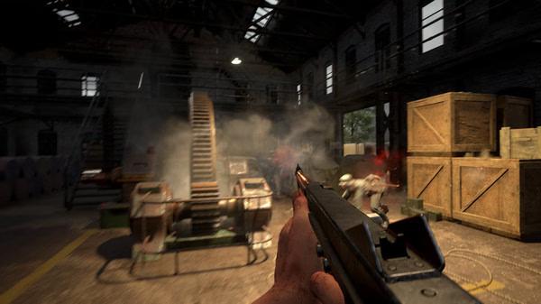 A 'Hell Let Loose' screenshot showing a player aiming a rifle inside a warehouse with crates and smoke-filled air.