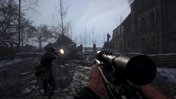 Hell Let Loose screenshot: A soldier fires a rifle in a war-torn village street, surrounded by debris and barren trees.