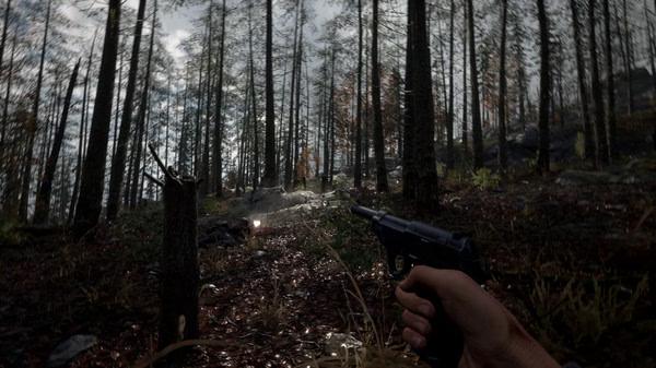 A Hell Let Loose screenshot showing a player's hand holding a pistol in a dense forest with sunlight filtering through the trees.