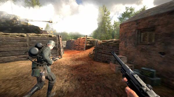 Screenshot from Hell Let Loose showing a soldier running through a trench with another soldier holding a weapon in the foreground.