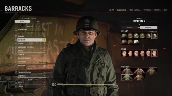 Screenshot from Hell Let Loose showing the Barracks menu with a soldier's customization options visible.