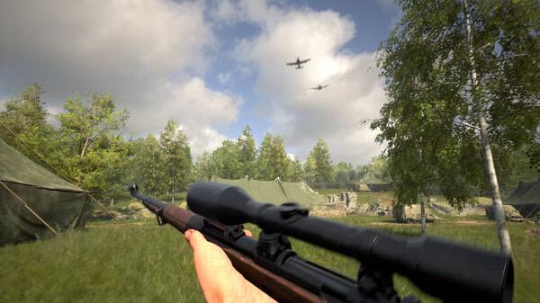 Screenshot from Hell Let Loose showing a first-person view of a rifle aimed at the sky, with planes flying over a forested camp.