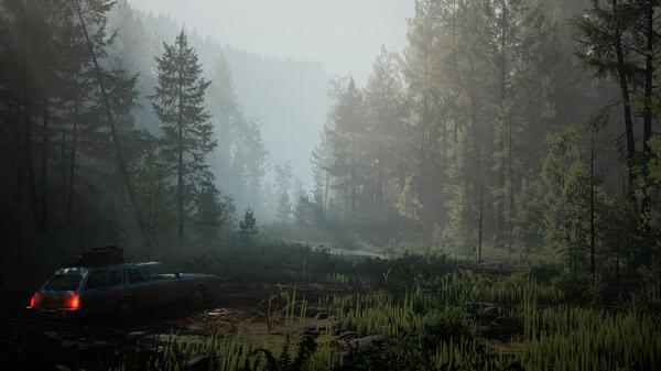 Screenshot from Pacific Drive: A station wagon is parked on a misty forest road, surrounded by tall pine trees under a cloudy sky.