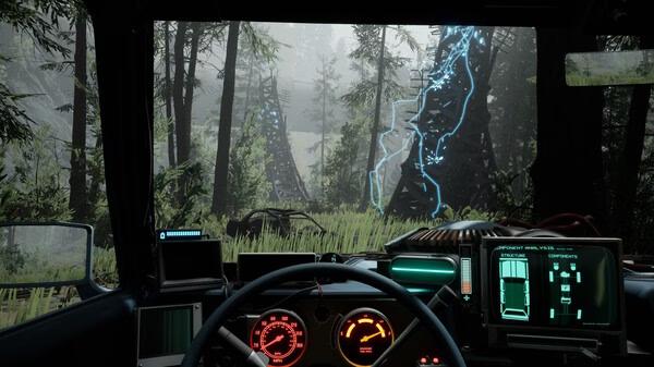 Pacific Drive screenshot: A car dashboard view in a dense forest with glowing blue anomalies and abandoned structures visible ahead.