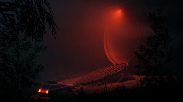 Screenshot from Pacific Drive showing a car near a large, glowing red circular structure in a dark, foggy environment.