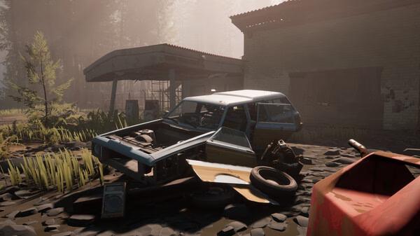 Screenshot from Pacific Drive showing a dilapidated car with missing parts in front of an abandoned gas station in a forest setting.