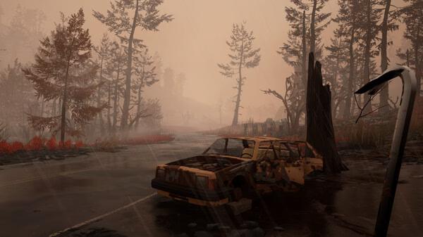Screenshot from Pacific Drive: A rusted car sits abandoned on a flooded road, surrounded by barren trees under a gloomy sky.