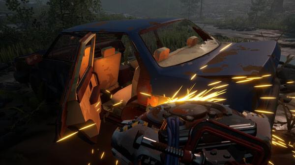 Screenshot from Pacific Drive showing a player using a tool to repair or modify a worn-out car in a forested landscape.
