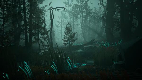Screenshot from Pacific Drive showing a foggy forest with glowing plants and a partially visible car in the background.
