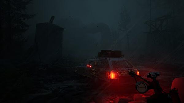 Screenshot from "Pacific Drive" showing a car with red taillights in a dark, rainy forest, surrounded by ominous structures.