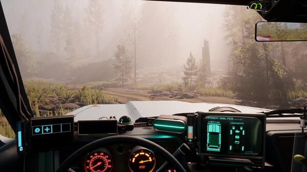 Screenshot from Pacific Drive showing a vehicle dashboard with various digital displays and a misty forest road ahead.