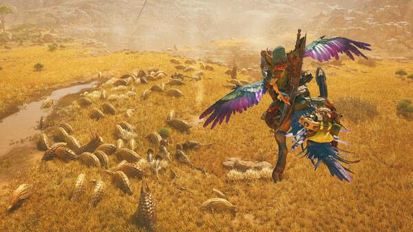 Screenshot from Monster Hunter Wilds showing a hunter with colorful armor and wings leaping over a field of grazing creatures.