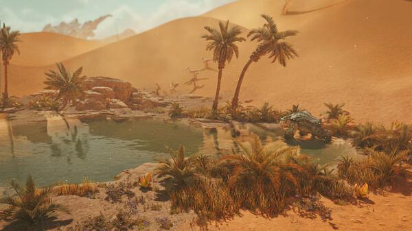 Monster Hunter Wilds screenshot: A desert oasis with palm trees, water, and a large creature lurking near the shore.