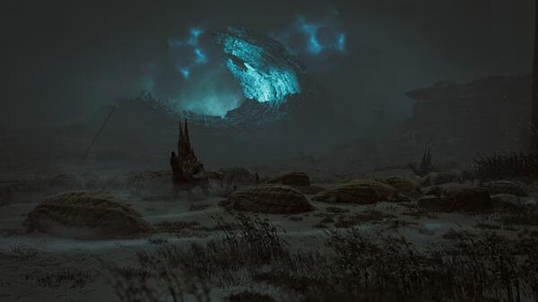 A screenshot from Monster Hunter Wilds shows a dark, eerie landscape with turtle-like creatures and a glowing blue vortex in the sky.