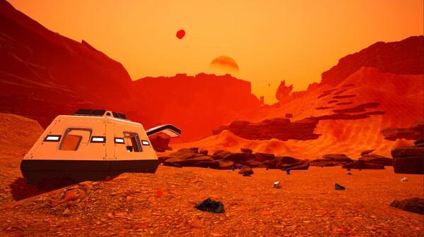 A screenshot from The Planet Crafter showing a desert landscape with scattered resources and a small base under an orange sky.