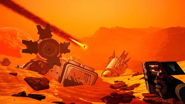 A screenshot from The Planet Crafter showing a player holding a tool, crashed structures, and a meteor streaking across a desert landscape.