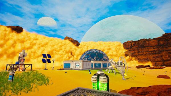 Screenshot from The Planet Crafter: A biodome, solar panels, and machinery in a vibrant desert landscape with planets visible.