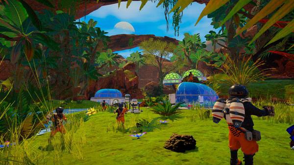 Screenshot from The Planet Crafter showing players exploring a lush, green landscape with domed structures and vibrant vegetation.