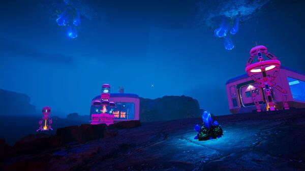 Screenshot from The Planet Crafter showing an illuminated base at night with glowing crystals and futuristic structures.