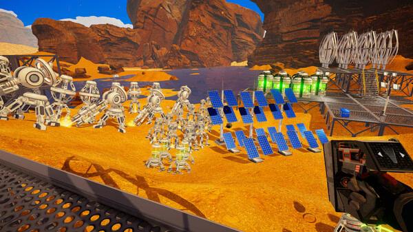 Screenshot from The Planet Crafter showing solar panels, drills, and a biodome setup in a desert landscape with rocky terrain.