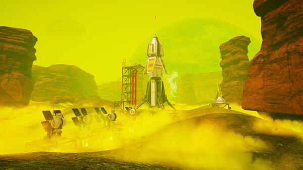 Screenshot from The Planet Crafter: A rocket stands amidst a vivid yellow landscape, surrounded by solar panels and rocky formations.