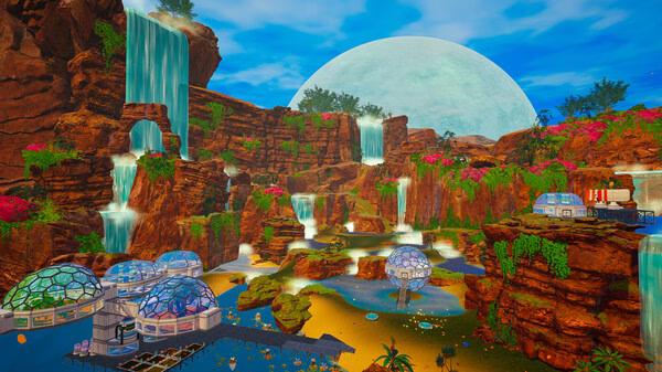 Screenshot from The Planet Crafter showing a lush canyon landscape with waterfalls, domed structures, and a large planet in the sky.