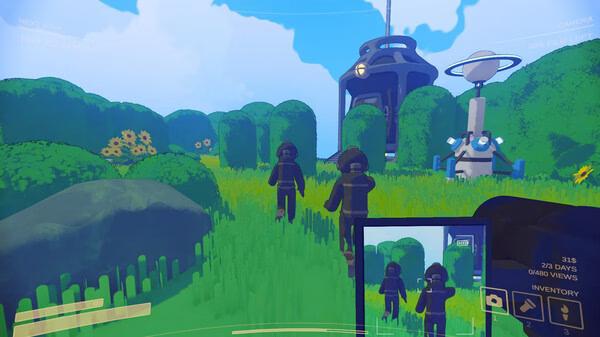 Screenshot from the game Content Warning: Three hooded figures walk through a lush, green landscape with futuristic structures.