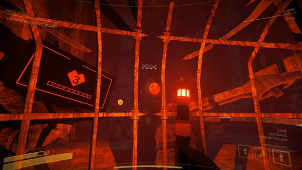 Screenshot from Content Warning game showing a player holding a torch behind bars, facing a smiling face on a circular object.