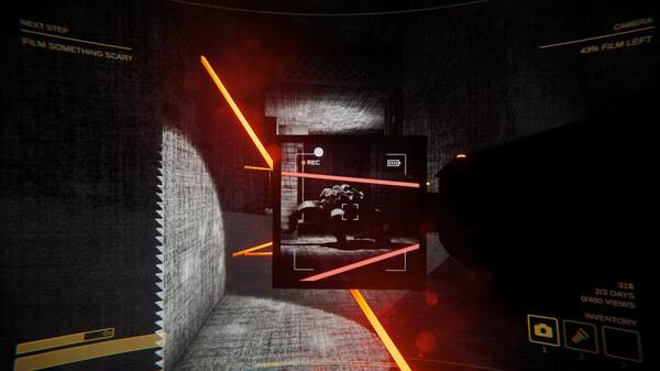 Screenshot from the game 'Content Warning': a camera view captures eerie glowing lines in a dimly lit, textured hallway.