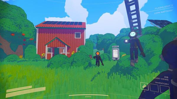 Screenshot from the game 'Content Warning': a lush green farm with a red barn, solar panels, and characters in a vibrant outdoor scene.