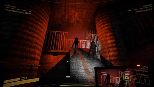 Screenshot from the game Content Warning showing silhouetted figures in a dimly lit industrial area with red lighting.
