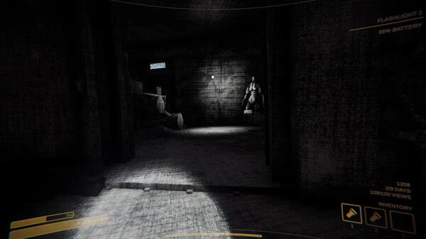 Content Warning screenshot: A dimly lit room with a humanoid figure in the background and a player interface displaying inventory and stats.