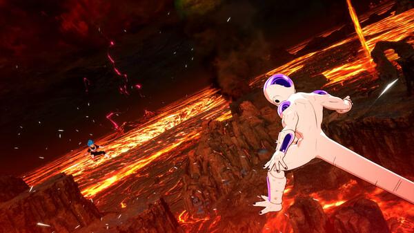 Screenshot from DRAGON BALL: Sparking! ZERO showing a character flying over a fiery, lava-filled landscape, facing an opponent.